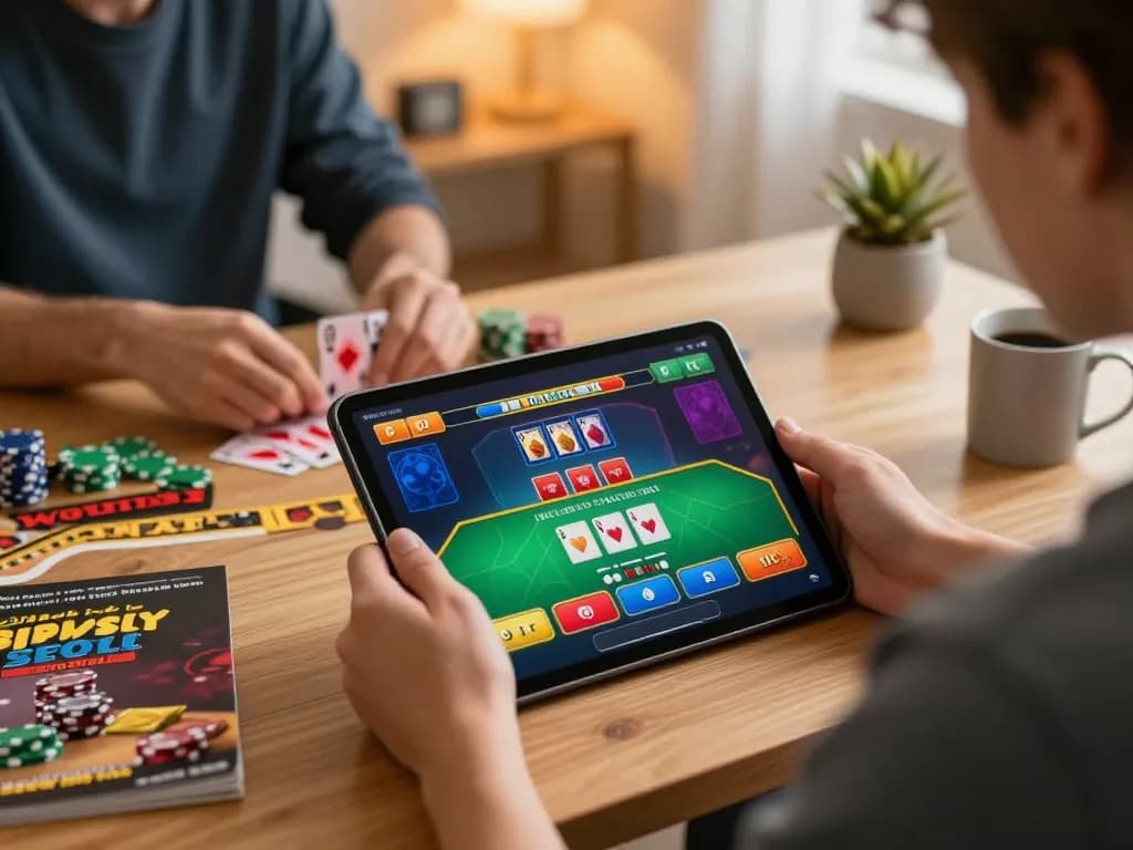 LODE88 player enjoying a live dealer blackjack game on a tablet, showcasing strategic betting.