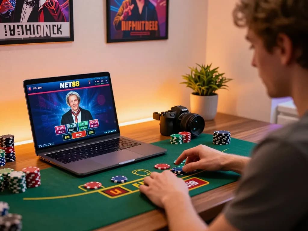 Action shot of player engaging with net88 live dealer blackjack on laptop, showcasing a strategic gaming moment