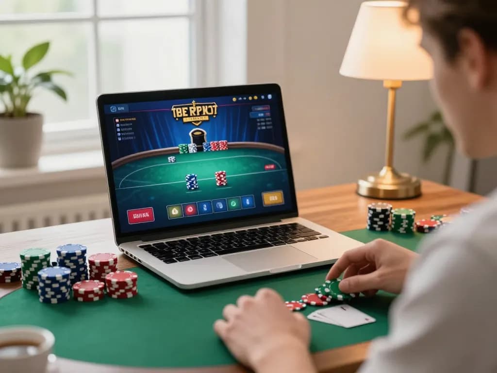 Engaging online betting experience on trang chủ F168 with vibrant poker interface and cozy workspace.