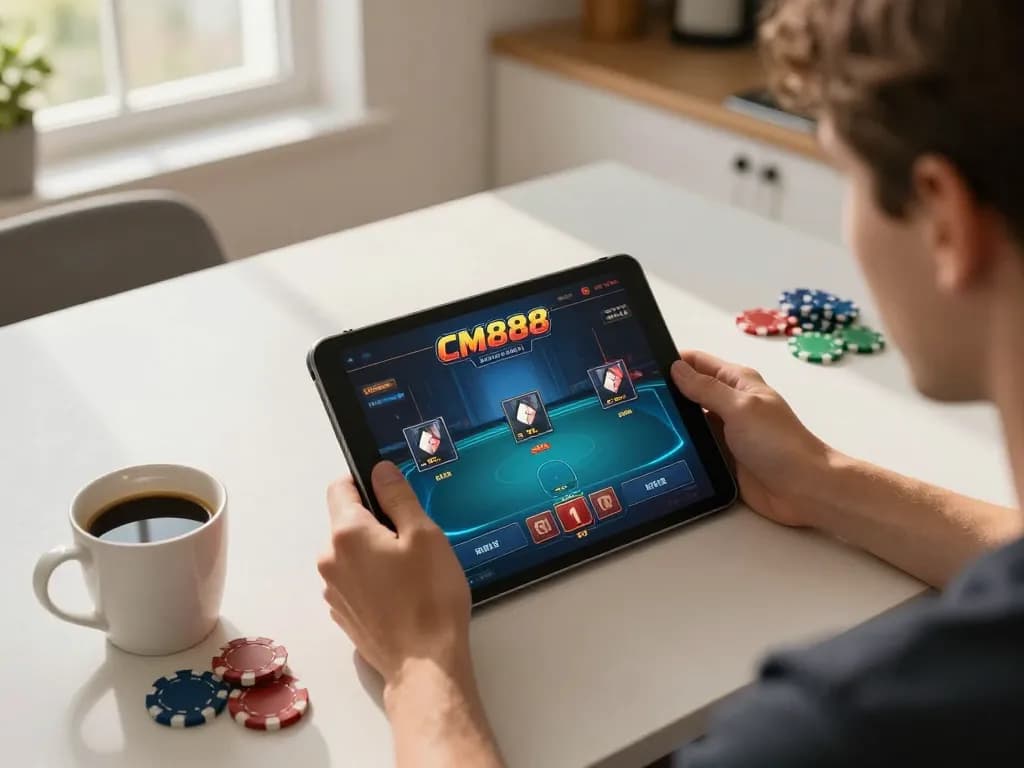CM888 online gaming session with user engaged in poker strategy at home