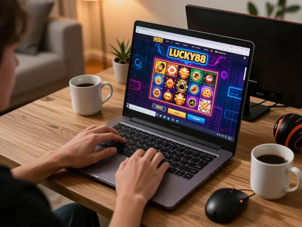 Player enjoying online games on LUCKY88 platform in a cozy home setting