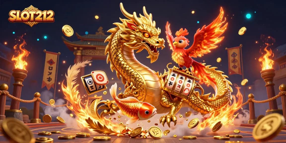 Experience winning opportunities with SLOT212's vibrant gameplay featuring a majestic dragon and phoenix.