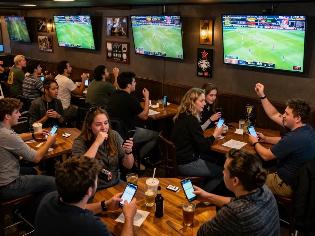 Fans excitedly placing bets while checking kqbd results on their smartphones at the sports bar