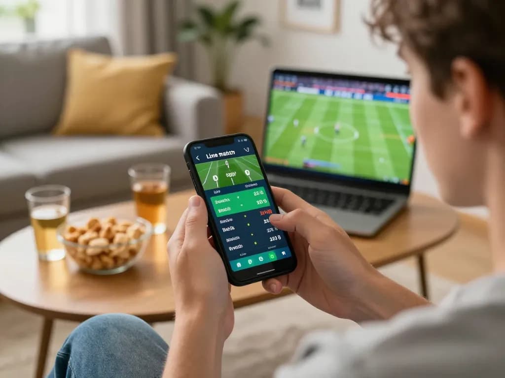 32win user actively placing bets on a smartphone during an exciting sports match at home.