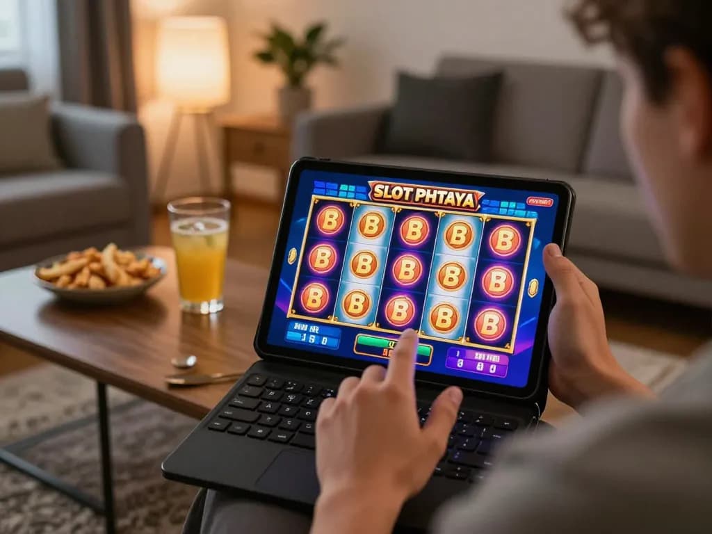 SLOT PHTAYA engaging online gaming experience on a tablet in a cozy living room