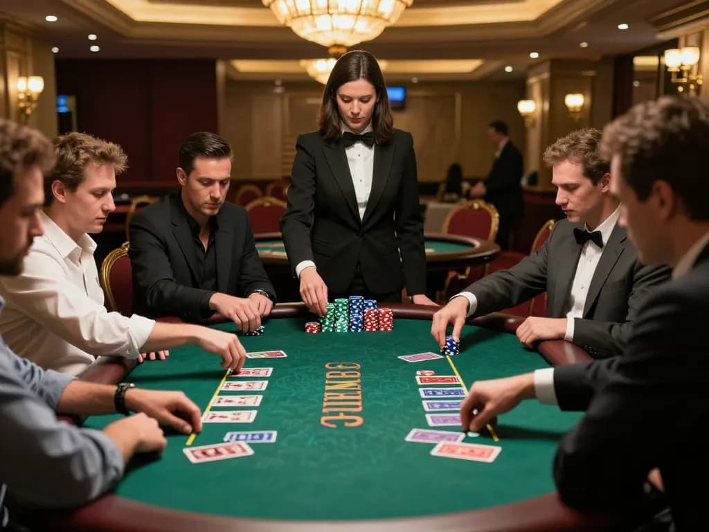 Players at a DEBET blackjack table strategizing their next moves amidst a luxurious casino atmosphere.