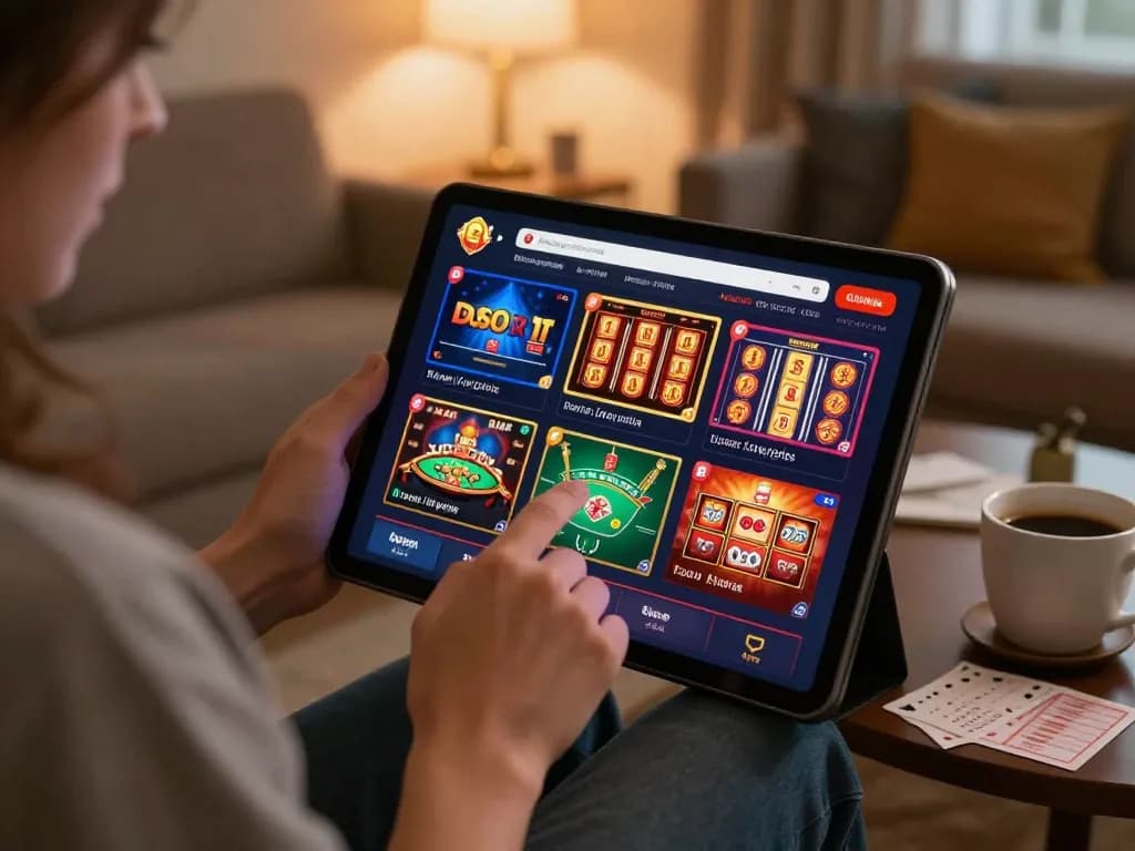 SV368 player engaging in online gaming strategy from home with tablet interface showcasing various games.