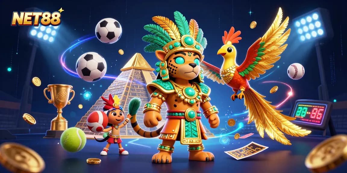 Engage with NET88 through dynamic sports betting visuals featuring unique casino elements and characters.