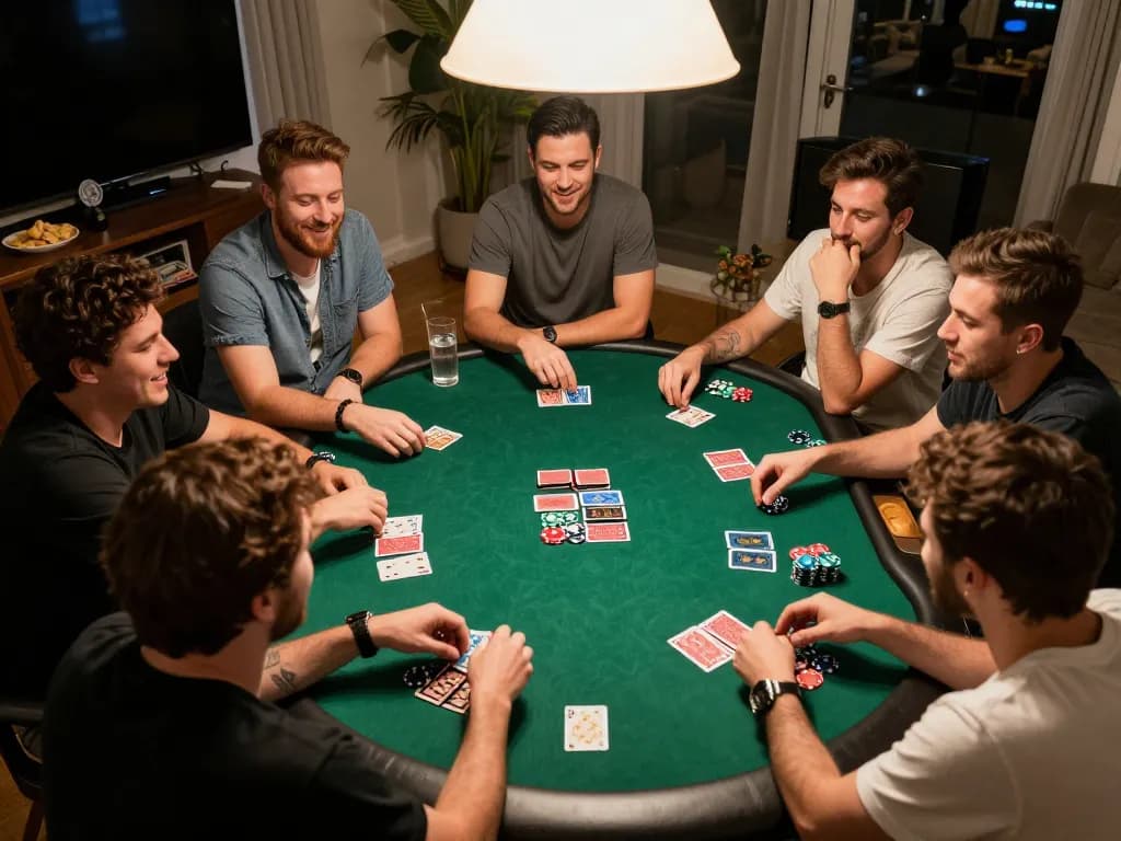 Friends enjoying a lively poker game at home, enhancing the excitement of gaming with LU88
