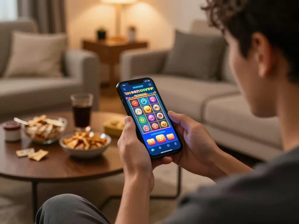 Nohuvn mobile casino player enjoying slot games in a cozy home setting.