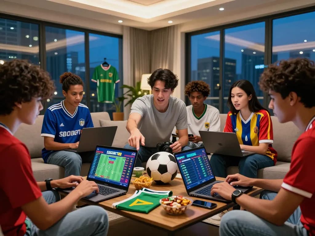 Friends enjoying SBOBET88 sports betting in a lively home gathering with laptops and snacks.