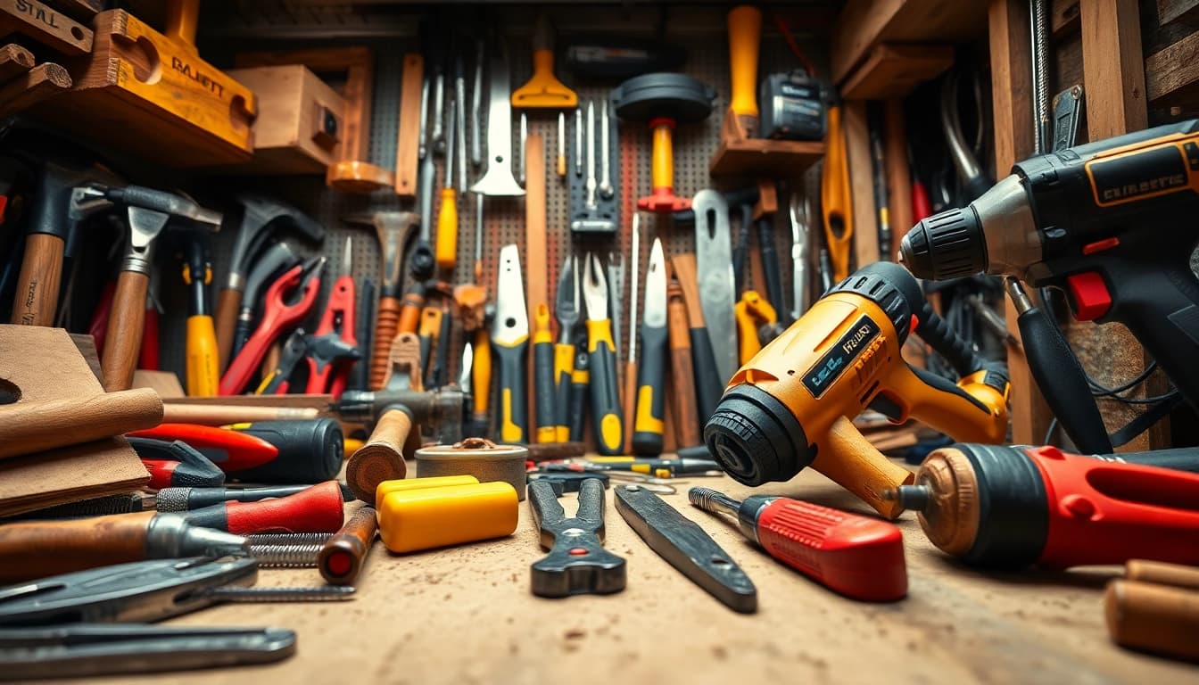 Selezione di utensili essenziali per la costruzione (utensili edilizia) esposti in un'area di lavoro professionale.