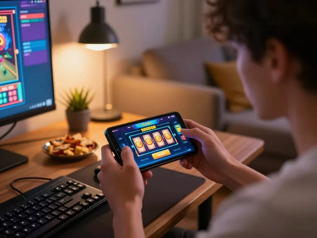 Engaging moment at home featuring slot depo 10000 gaming on a mobile device, cozy setting.