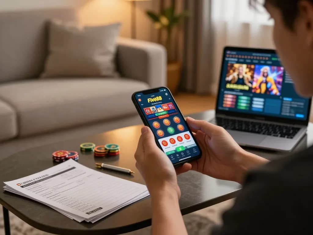 Gamer enjoys Five88 mobile casino app in a cozy living room environment, promoting responsible gaming.