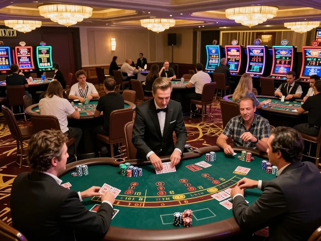 Engaged players enjoying thrilling games at RED88 casino, surrounded by vibrant decor and lighting