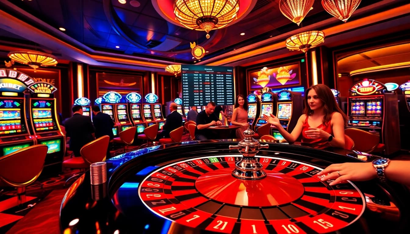 Engage in thrilling gameplay at the xibet casino with chips, roulette, and vibrant lights.