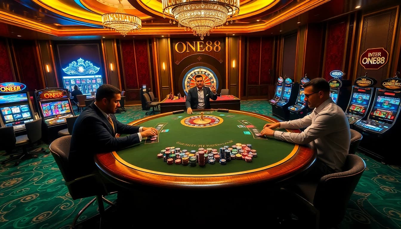 ONE88 poker players strategizing at a luxurious casino table with vibrant chips and roulette.