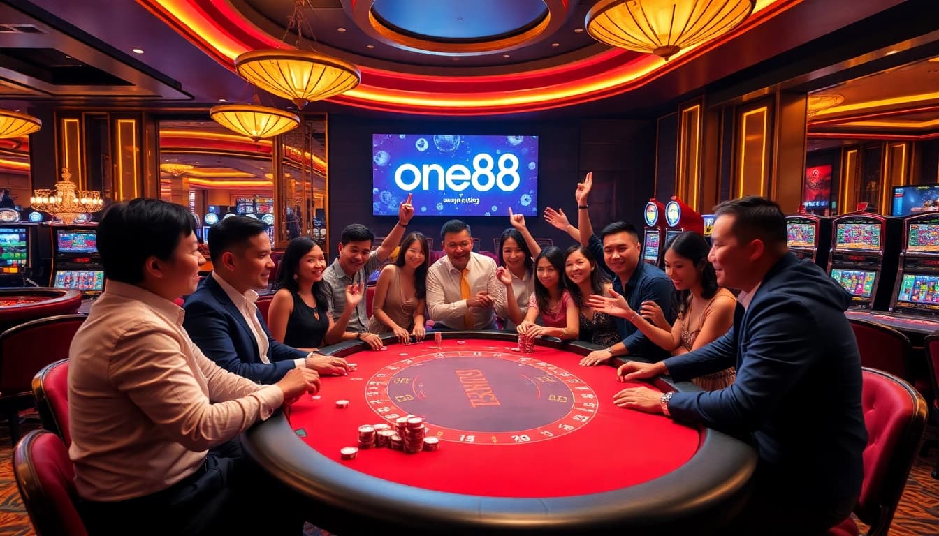 Excited players betting at a high-stakes poker table at one88 casino.