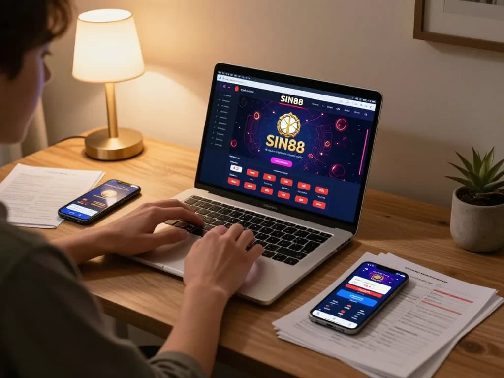 SIN88 user placing a bet on a laptop at a stylish home gaming setup.