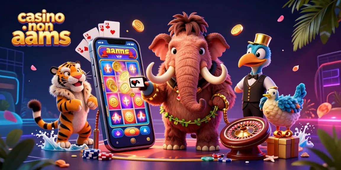 Engage with casino non aams through a vibrant scene featuring unique characters, games, and dynamic casino elements.