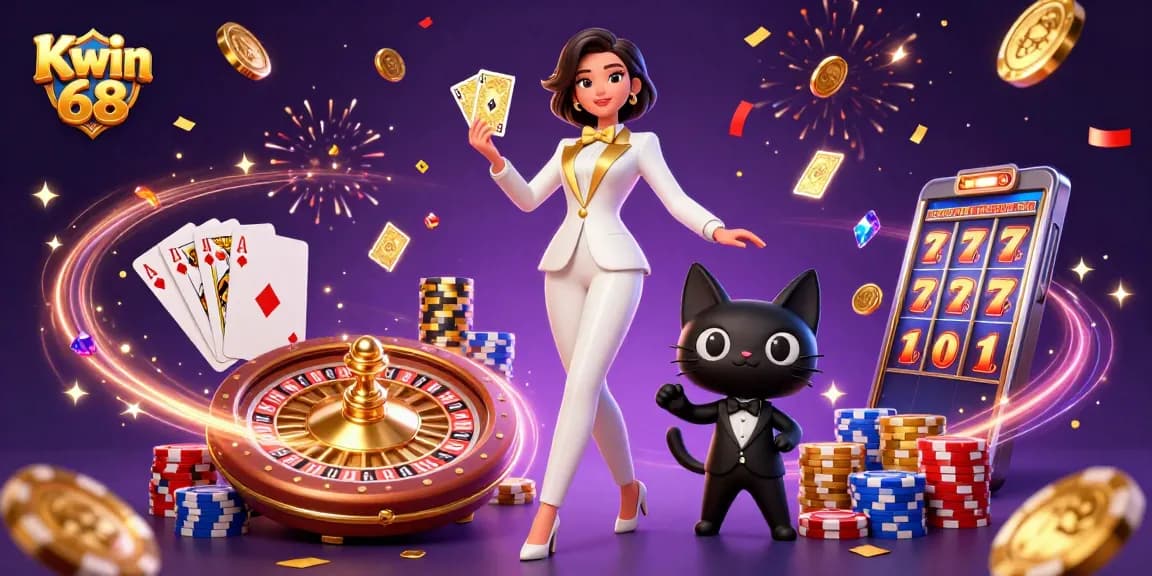 Kwin 68 offers an exciting casino gaming experience featuring glamorous characters, golden coins, and dynamic slot reels.