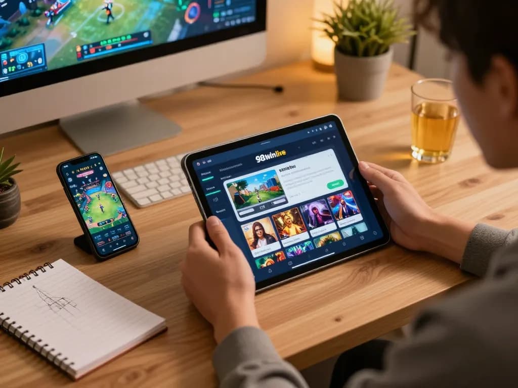 Engaging gameplay on 98winlive casino app with tablet and smartphone in a cozy setting