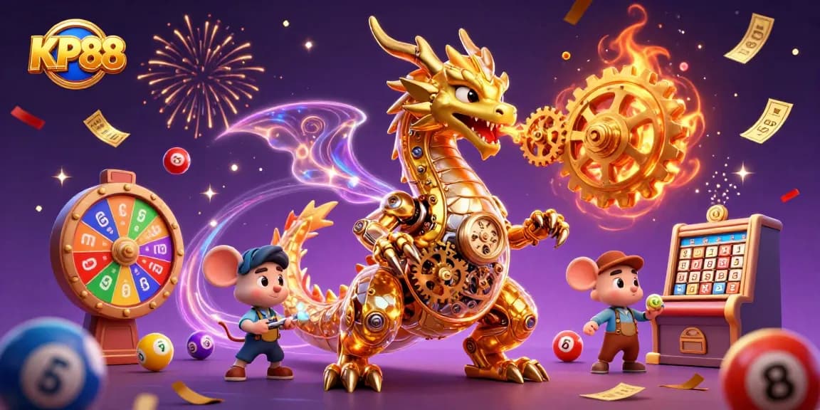 Engage in thrilling gameplay at KP88 with a dynamic 3D scene of a dragon and energy-filled lottery elements.