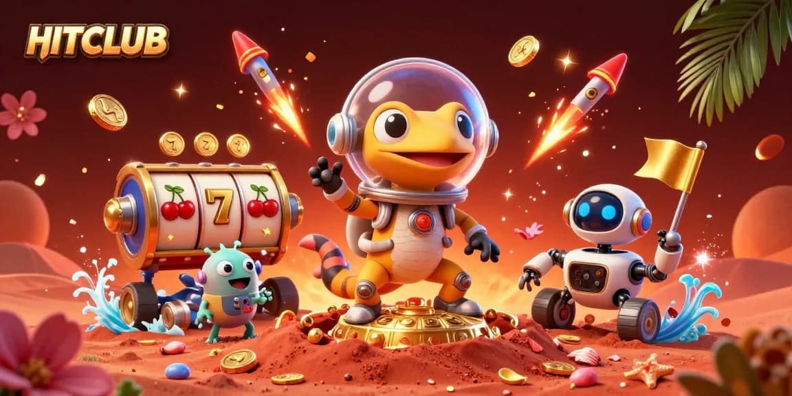 Engage with HITCLUB's dynamic gaming experience as 3D characters explore a golden casino setting.