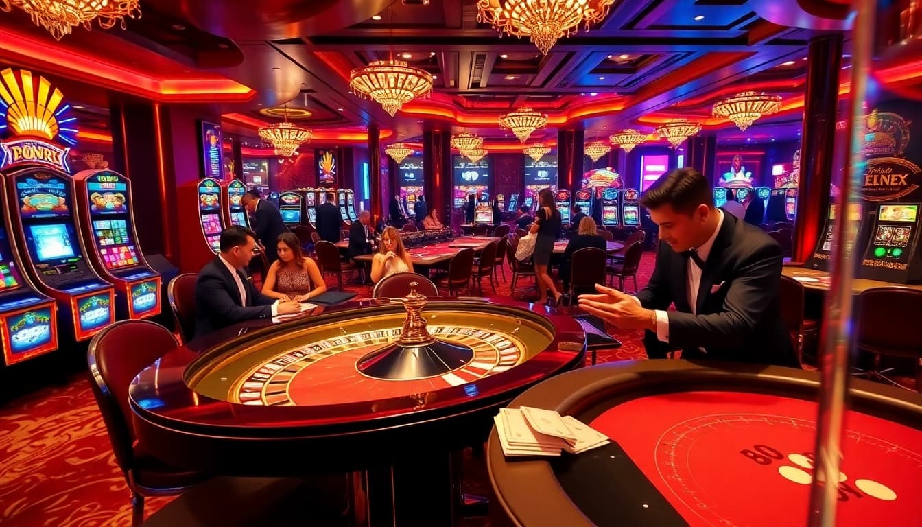 Bong88 players enjoying a luxurious casino atmosphere with roulette tables and slot machines.