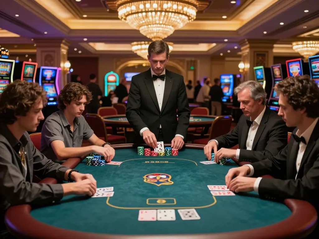 VU88 poker players engaged in a high-stakes game, vibrant casino atmosphere with colorful chips.