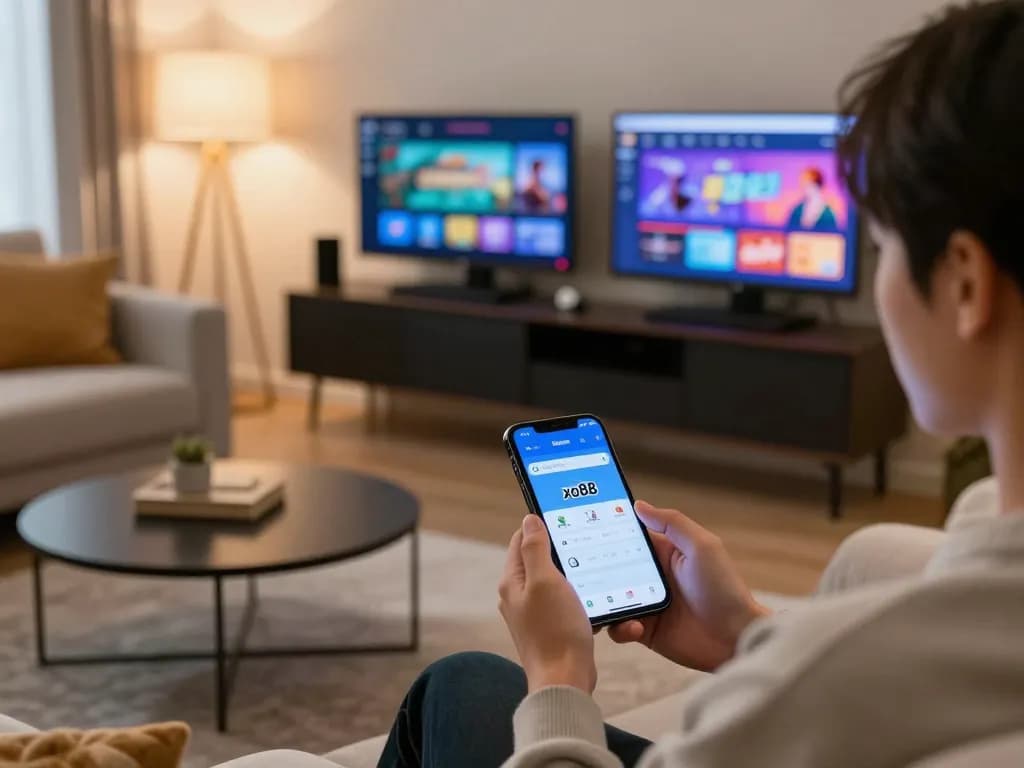 Engaging in online gaming with link xo88 on a smartphone in a cozy living space
