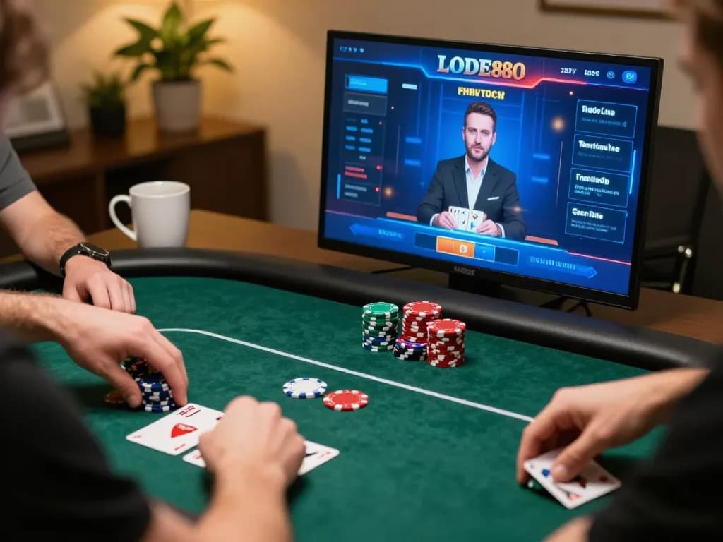 Players engaged in strategic gameplay on LODE88's immersive online poker platform, showcasing vibrant cards and chips.