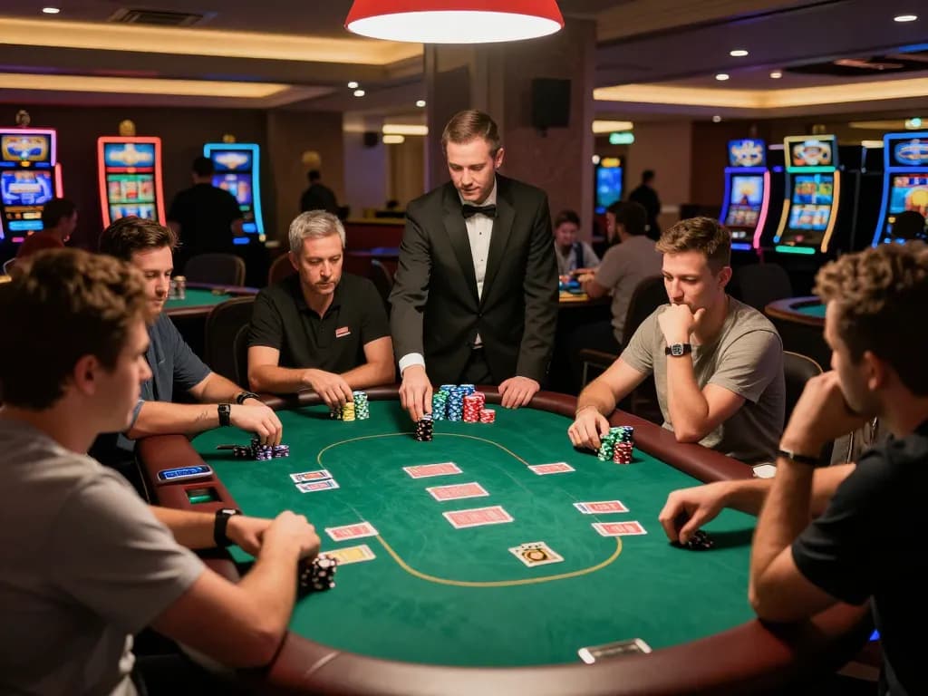 Players strategizing at a casino poker table in HITCLUB, highlighting excitement and competition