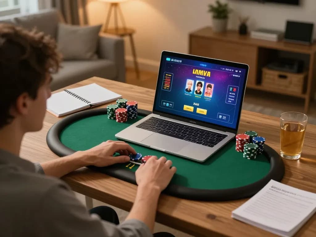 Engaging in online poker at home with TOPBET, showcasing real-time gameplay and strategy.