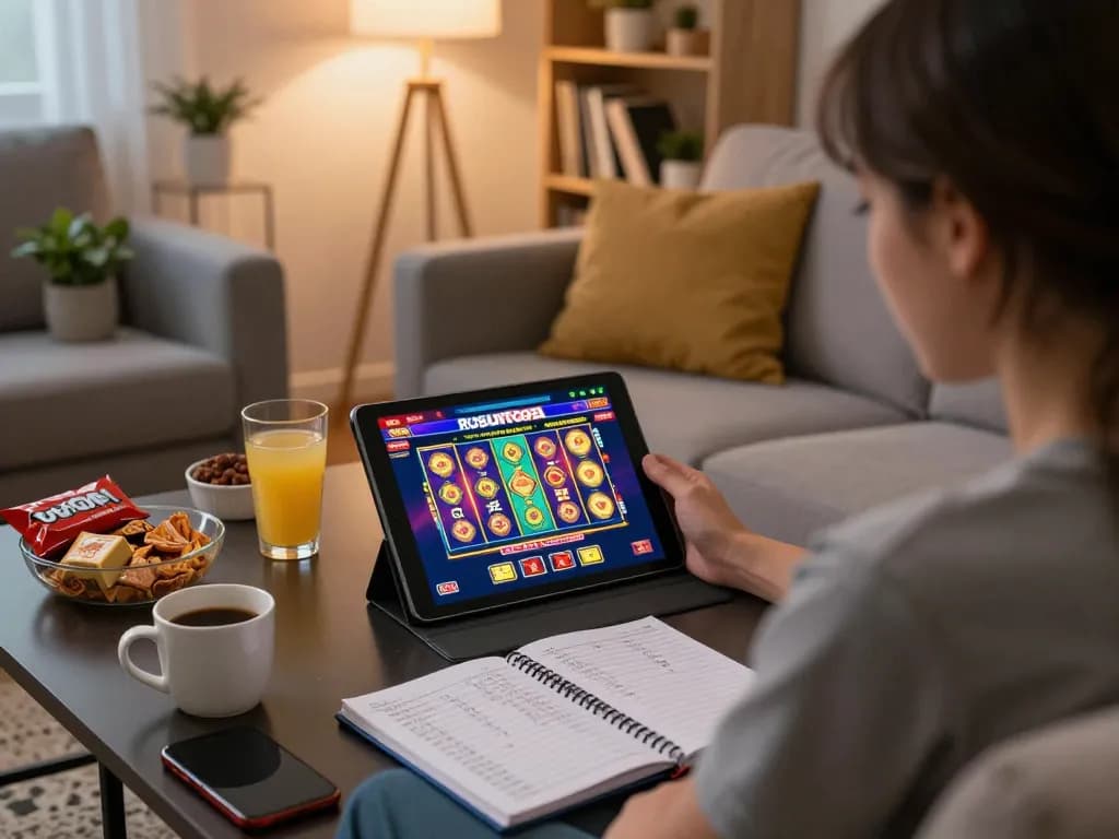 Engaged player exploring rupuntogel online casino on a tablet in a cozy home setting.