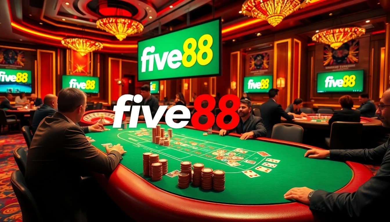 Engaged gamblers strategizing at a five88 poker table in a luxurious casino setting.
