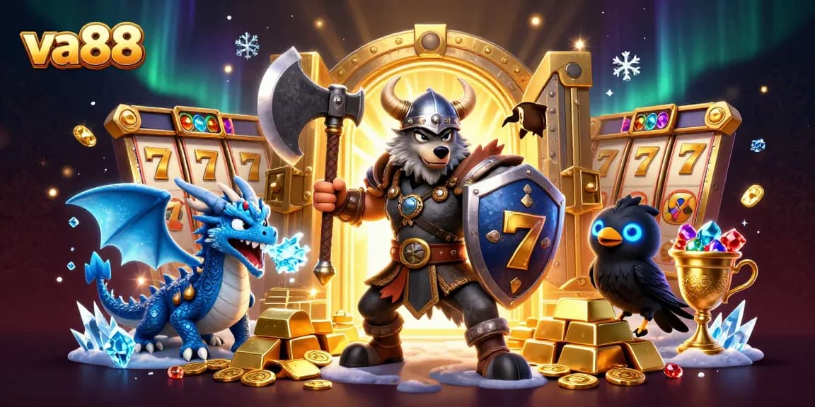 Join the thrilling va88 adventure with a Viking warrior, dragon, and glowing raven amidst dazzling casino treasures.