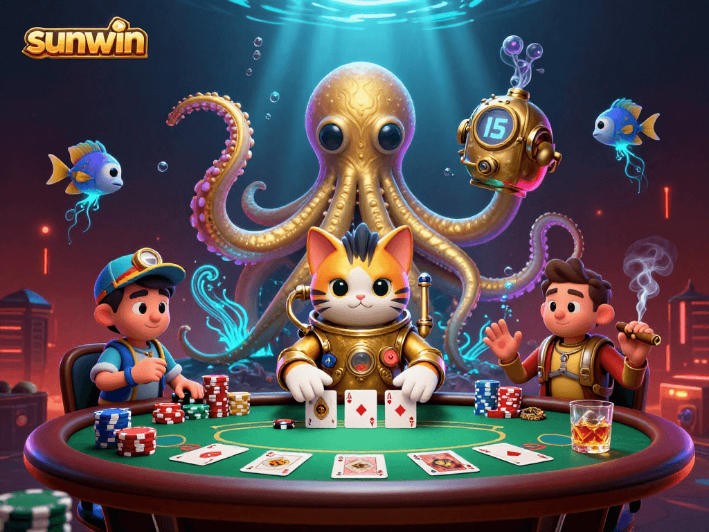 Engage with sunwin's vibrant 3D casino scene showcasing a kraken, diving cat, and poker elements.