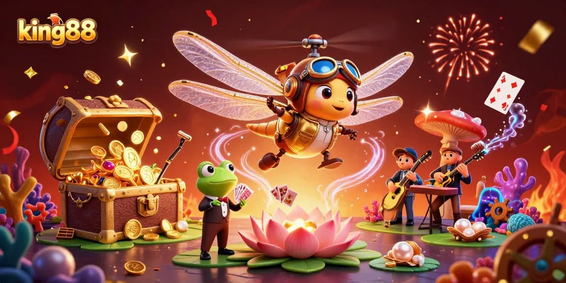 king88 showcases an exciting casino scene with vibrant elements, cards dealt by a frog croupier.