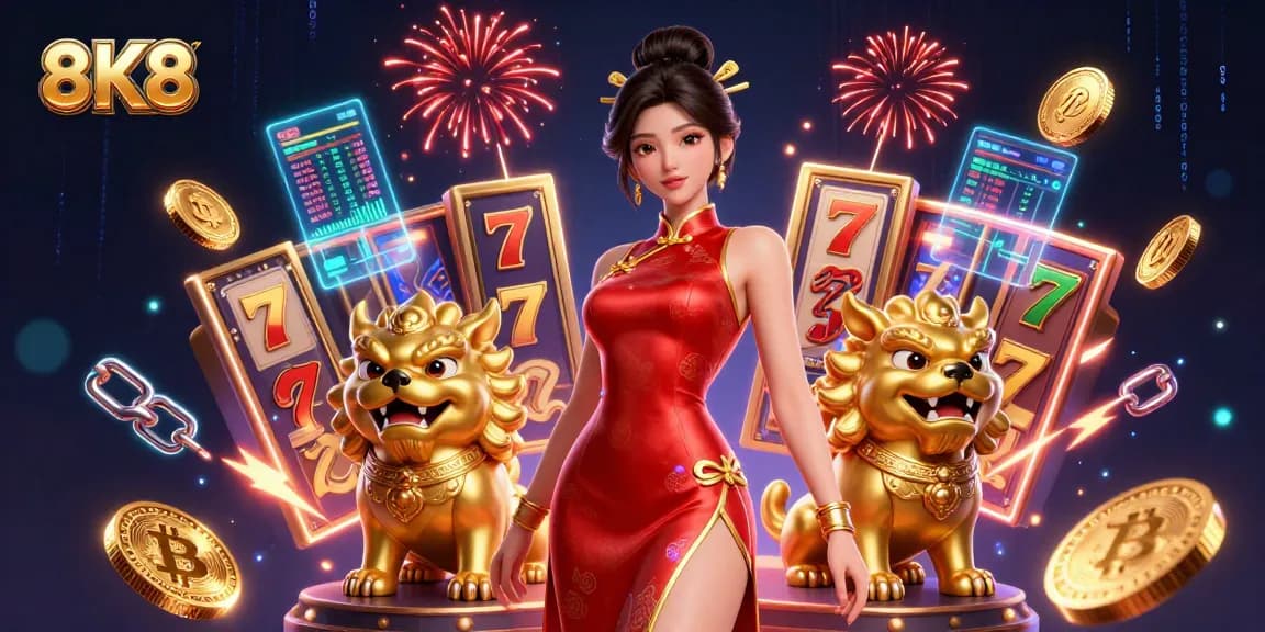 Experience thrilling action at 8K8 Casino with a vibrant 3D illustration capturing dynamic slot games and a glamorous character.