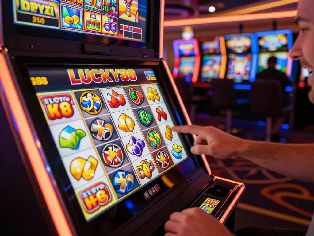 Player celebrating a win on the LUCKY88 slot machine with vibrant lights and colorful symbols.