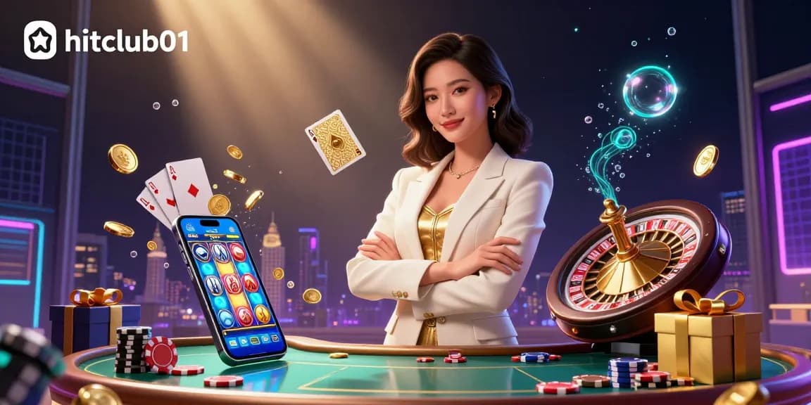 Experience thrilling gameplay at hitclub01, showcasing a powerful businesswoman holding cards with vibrant casino elements around her.