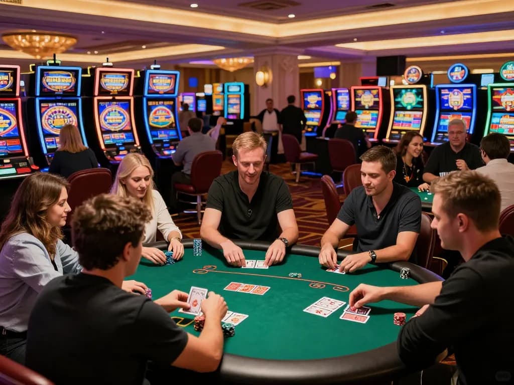 Players enjoying a thrilling poker game at the casino with may88 atmosphere and vibrant slot machines.