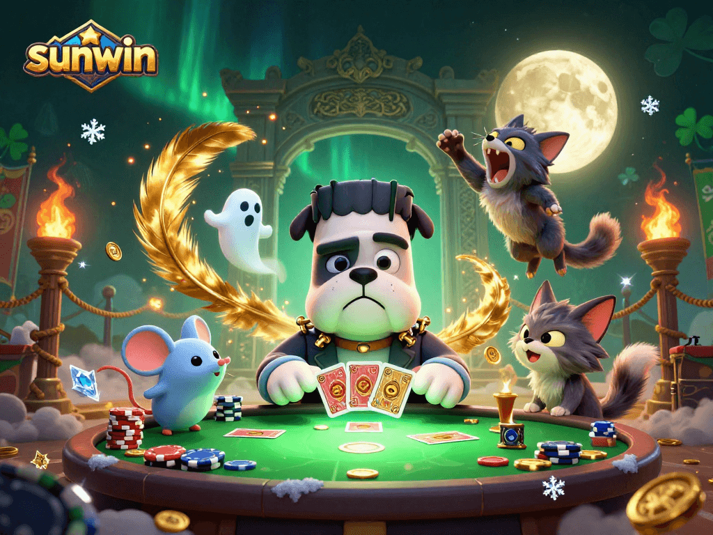 Experience thrilling gameplay with sunwin as the Frankenstein bulldog reveals winning cards at a vibrant casino table.