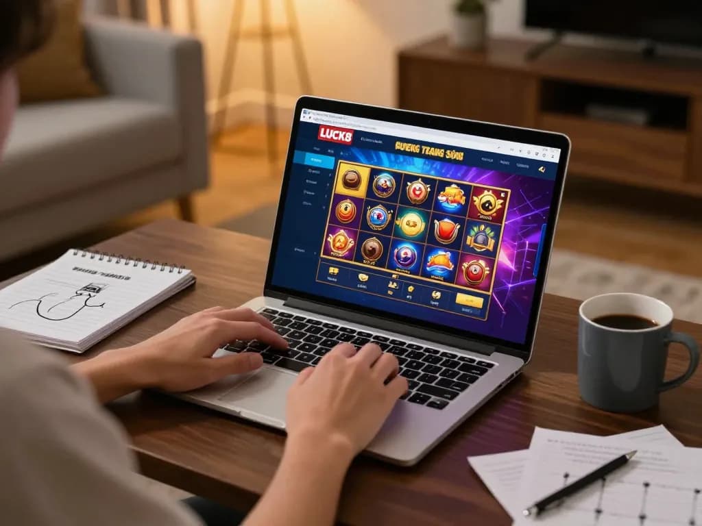 Engaging with LUCK8 trang chủ online casino interface on a sleek laptop in a cozy home setting