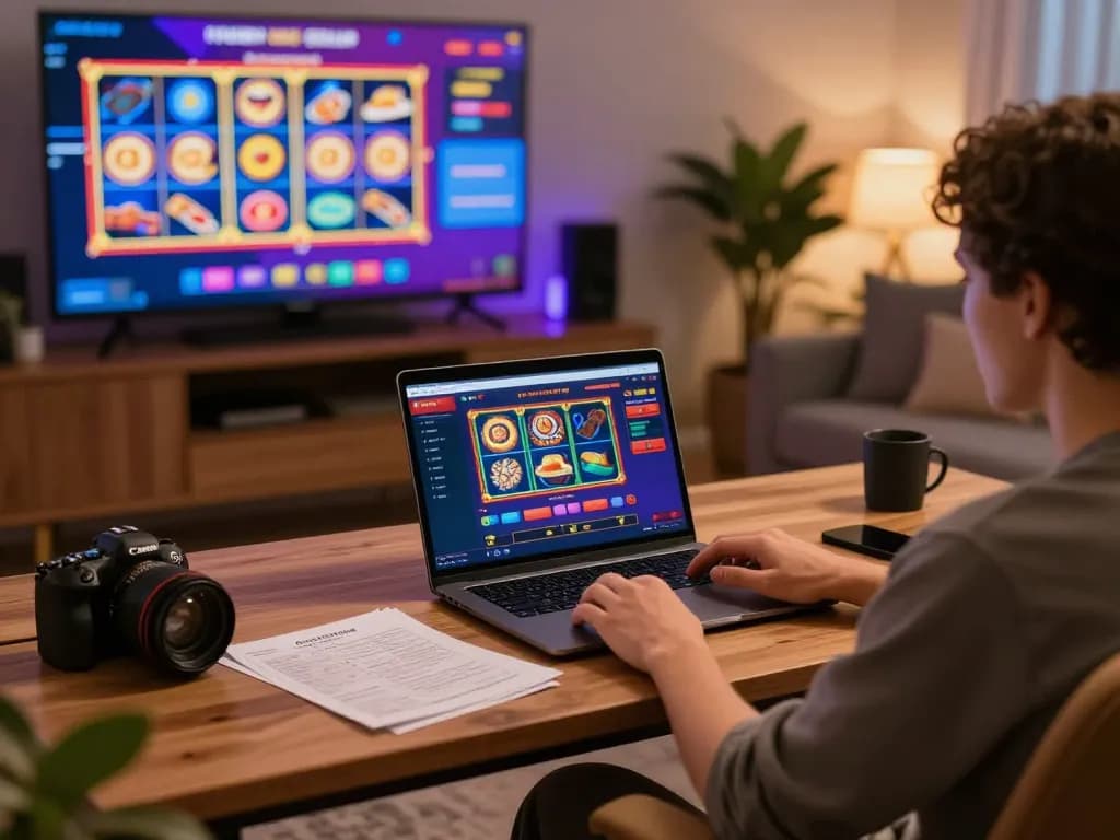 Engaged player using fyhot online casino app on laptop, surrounded by strategy notes and cozy home setup, promoting responsible gaming.