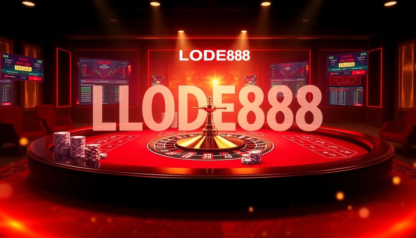 Engage with LODE88's vibrant online gaming experience featuring a roulette wheel and poker elements.