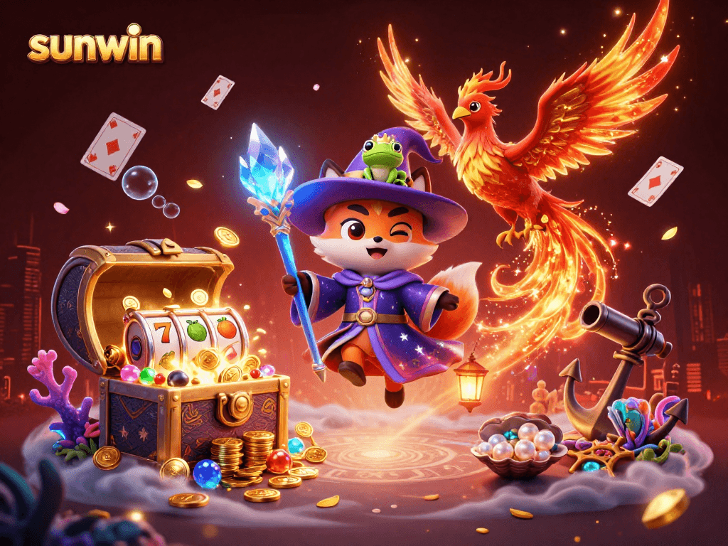 Experience the thrill of sunwin with a mystical 3D illustration overflowing with casino excitement.