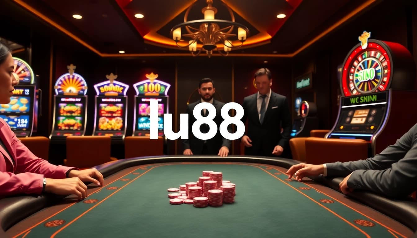 Exciting poker table gameplay at lu88 casino, showcasing vibrant chips and cards.
