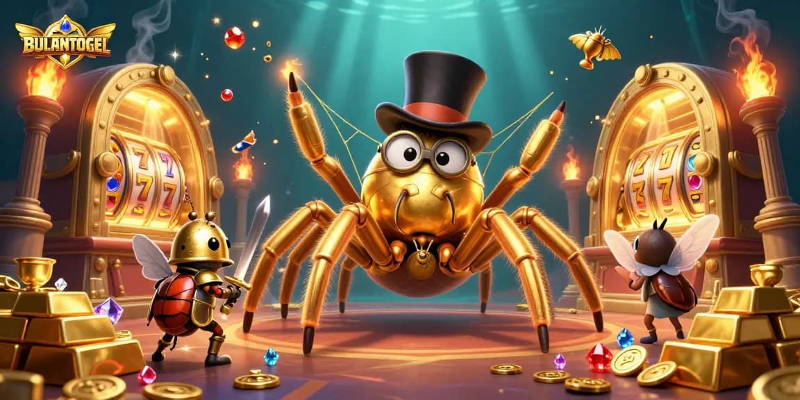 BULANTOGEL showcases a dynamic 3D casino illustration with a golden tarantula and beetle knight.